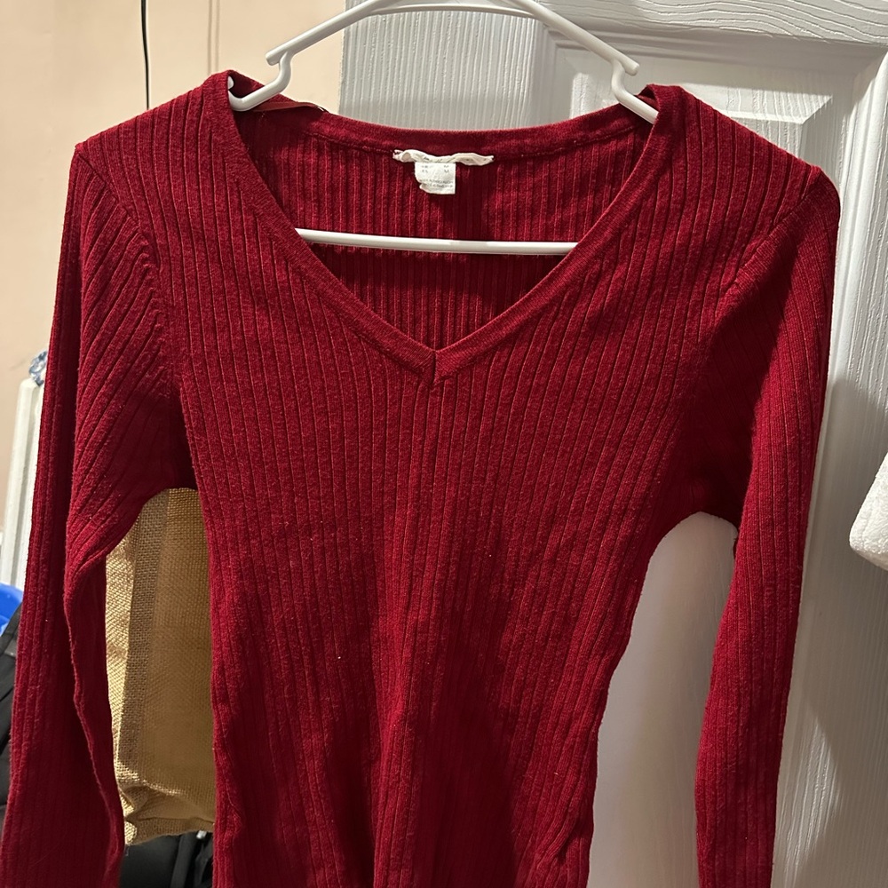 Red V-Neck Ribbed Sweater